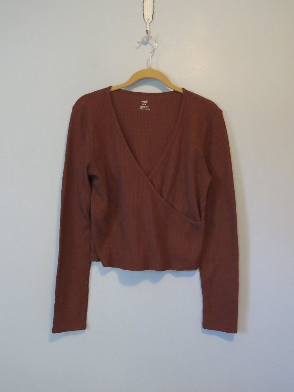 Aerie Chocolate Brown Waffle Knit Faux Wrap Long Sleeve Top Sz M